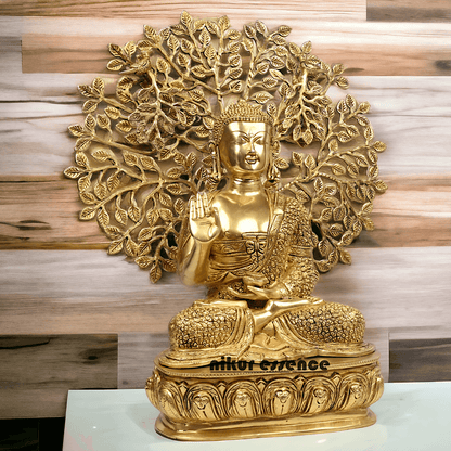 Brass Buddha Statue with Intricately Detailed Tree - nikuressence Nikuressence