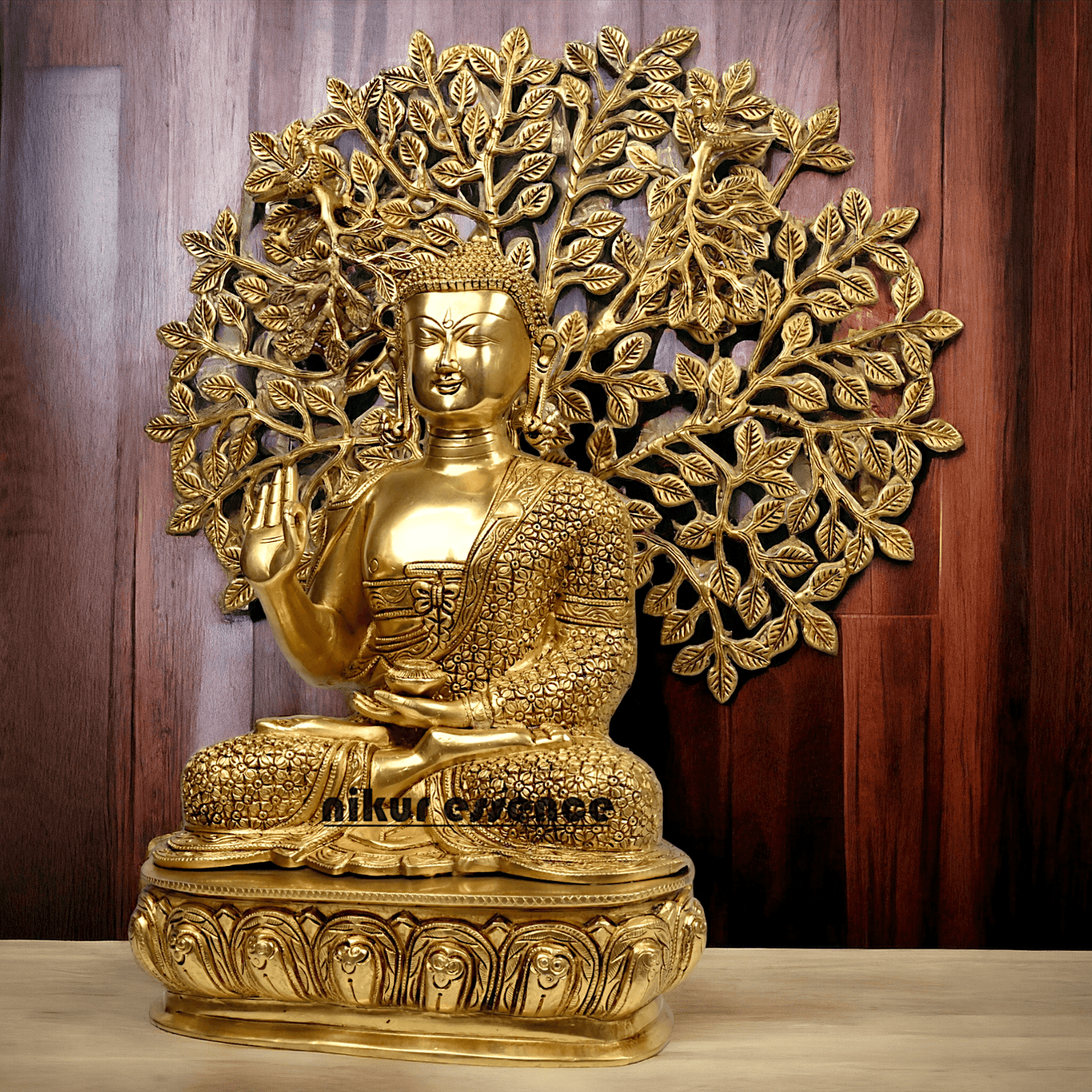 Brass Buddha Statue with Intricately Detailed Tree - nikuressence Nikuressence
