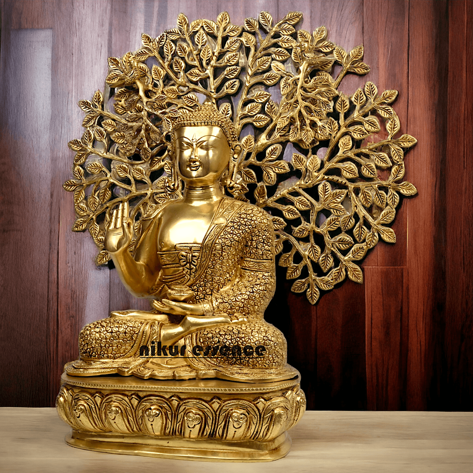 Brass Buddha Statue with Intricately Detailed Tree - nikuressence Nikuressence