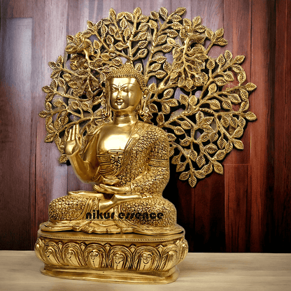 Brass Buddha Statue with Intricately Detailed Tree - nikuressence Nikuressence