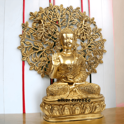 Brass Buddha Statue with Intricately Detailed Tree - nikuressence Nikuressence