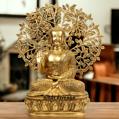Brass Buddha Statue with Intricately Detailed Tree - nikuressence Nikuressence