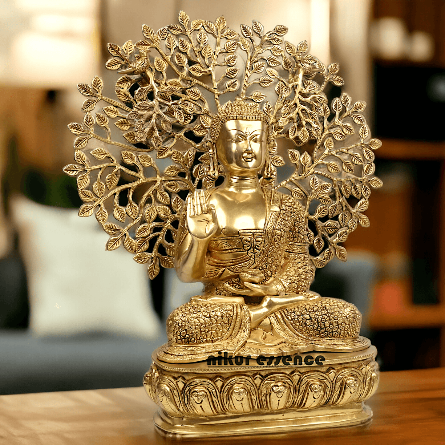 Brass Buddha Statue with Intricately Detailed Tree - nikuressence Nikuressence