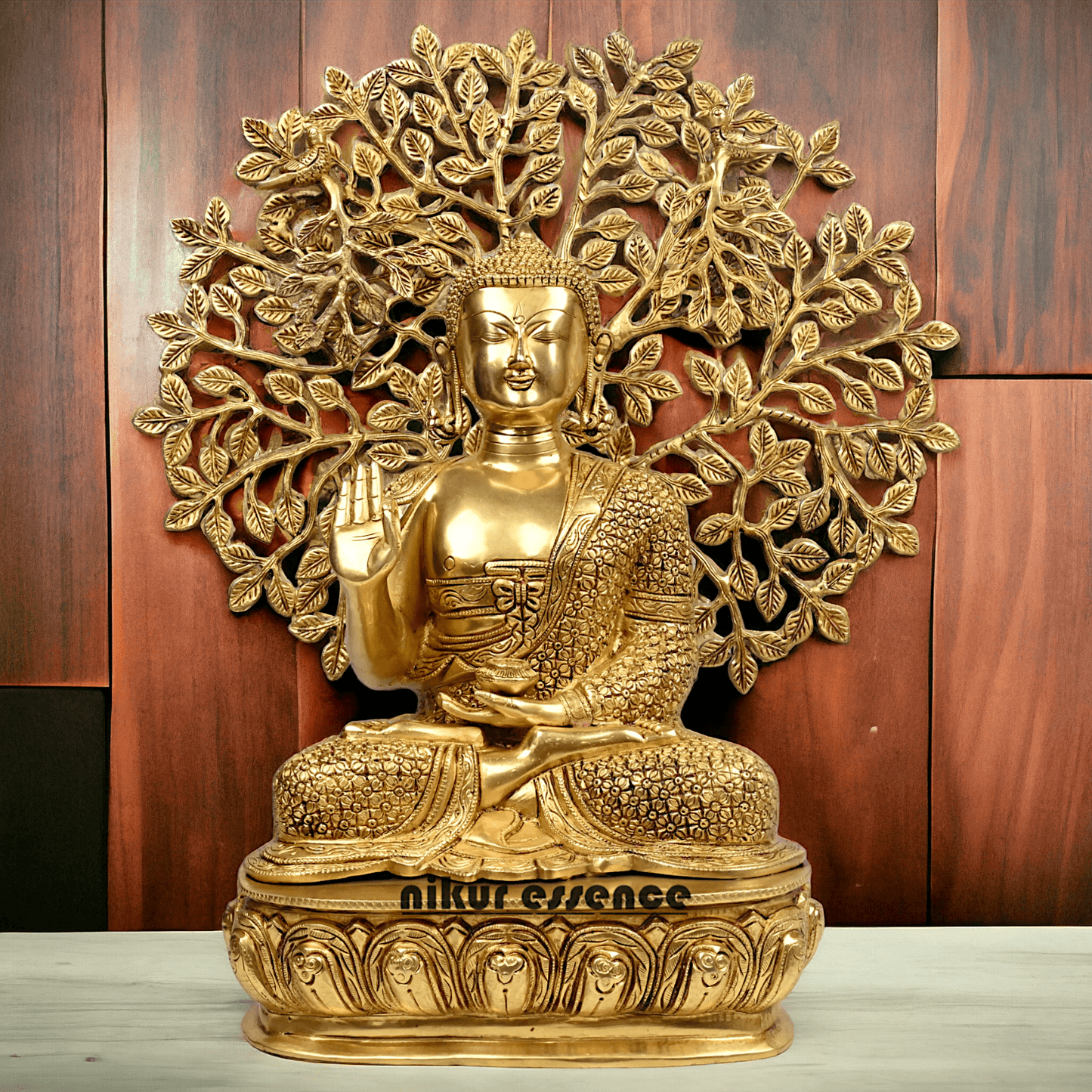 Brass Buddha Statue with Intricately Detailed Tree - nikuressence Nikuressence