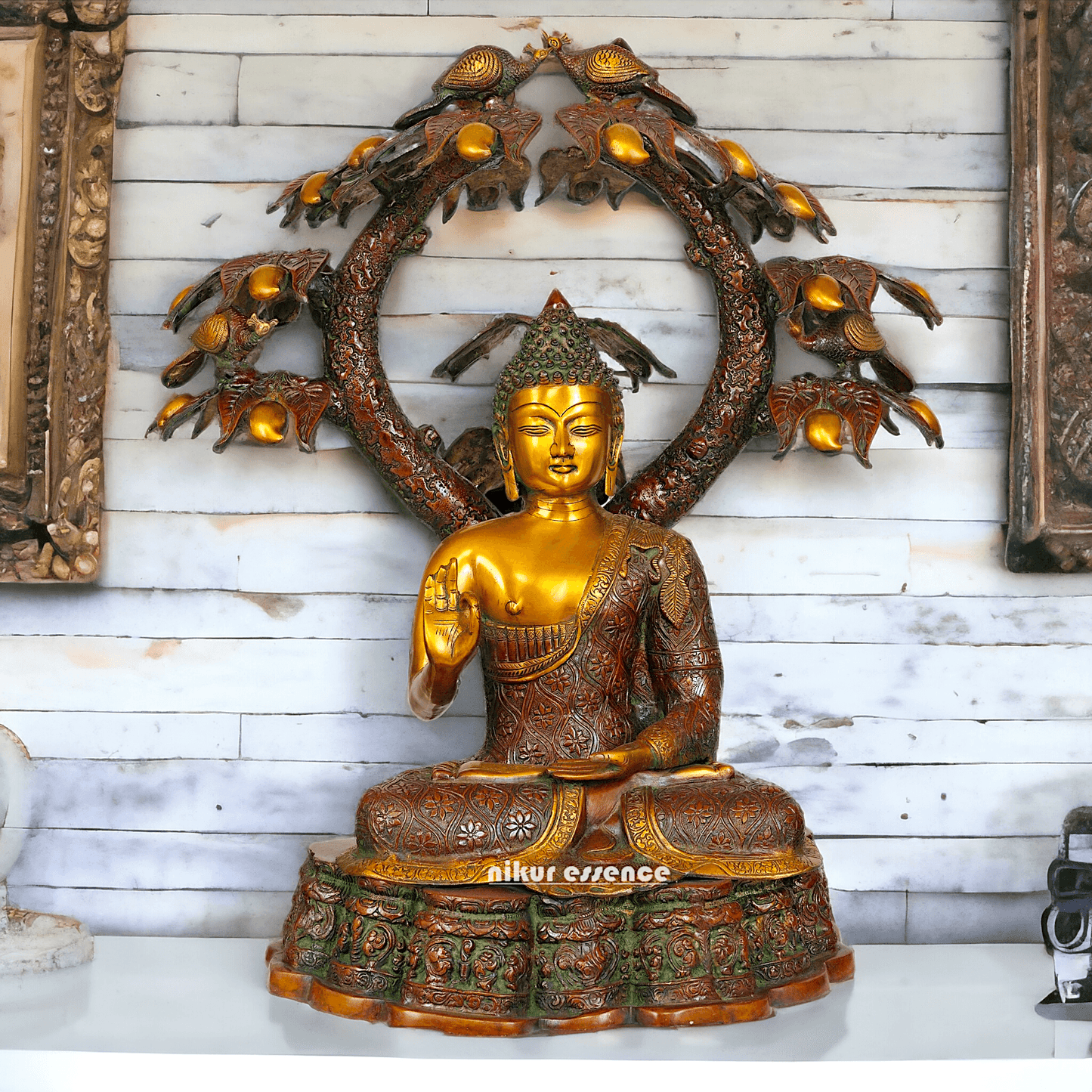 Large Size Buddha Statue in Abhaya and Vitark Mudra, Crafted in Premium Brass - 72.5 cm Tall Nikuressence