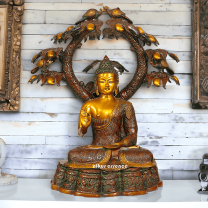 Large Size Buddha Statue in Abhaya and Vitark Mudra, Crafted in Premium Brass - 72.5 cm Tall Nikuressence