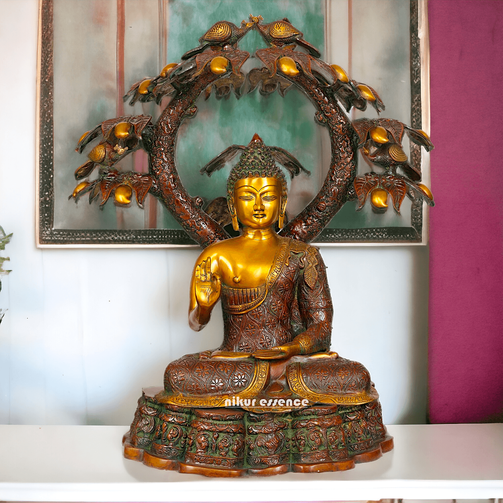 Large Size Buddha Statue in Abhaya and Vitark Mudra, Crafted in Premium Brass - 72.5 cm Tall Nikuressence