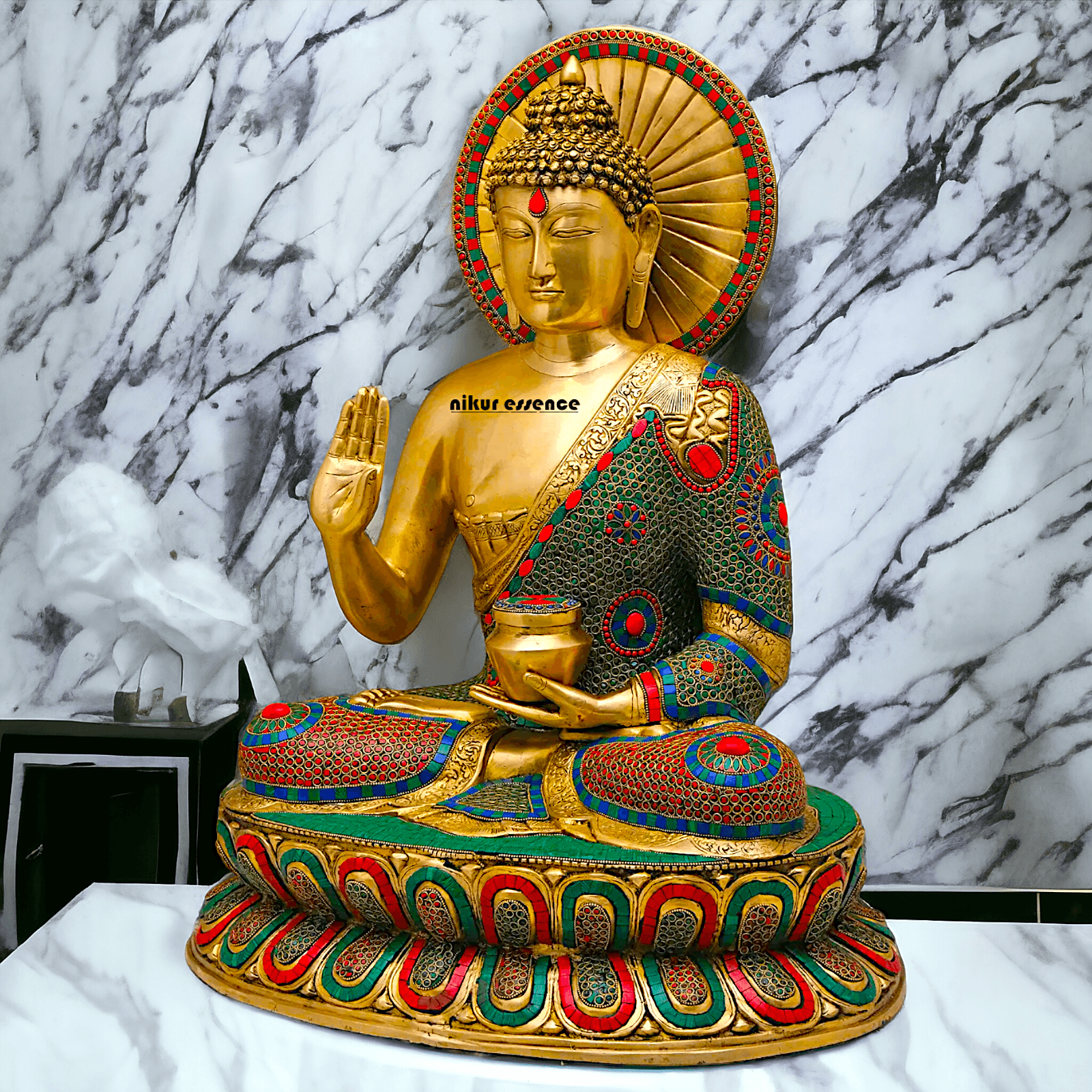 Buy Brass Buddha Statue Preaching His Dharma with Intricate Inlay Work – Detailed Handcrafted Religious Art Nikuressence