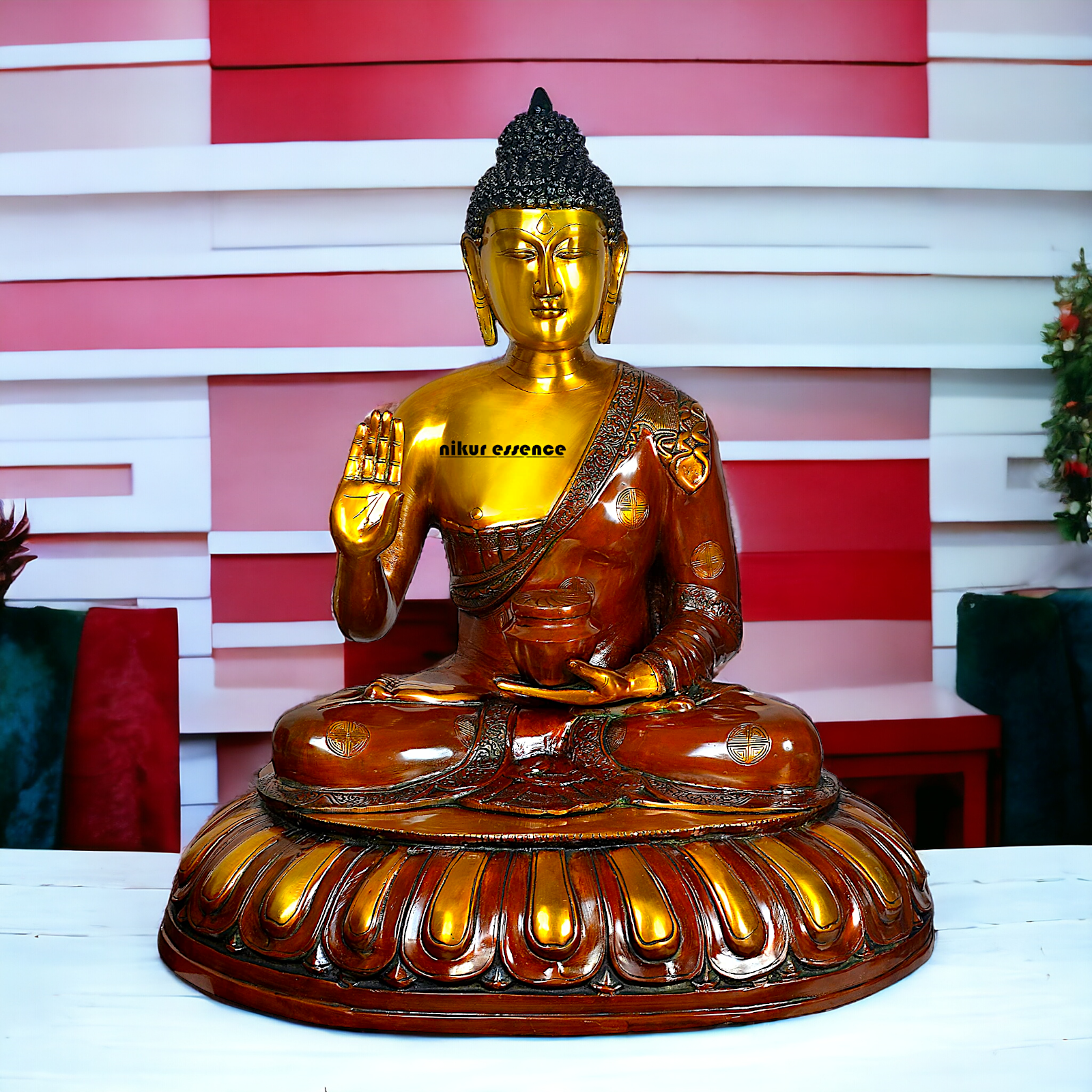 Large Brass Buddha Statue Sitting on Lotus – 73.7 cm High, Intricately Detailed, Perfect for Home Decor, Meditation Space Nikuressence