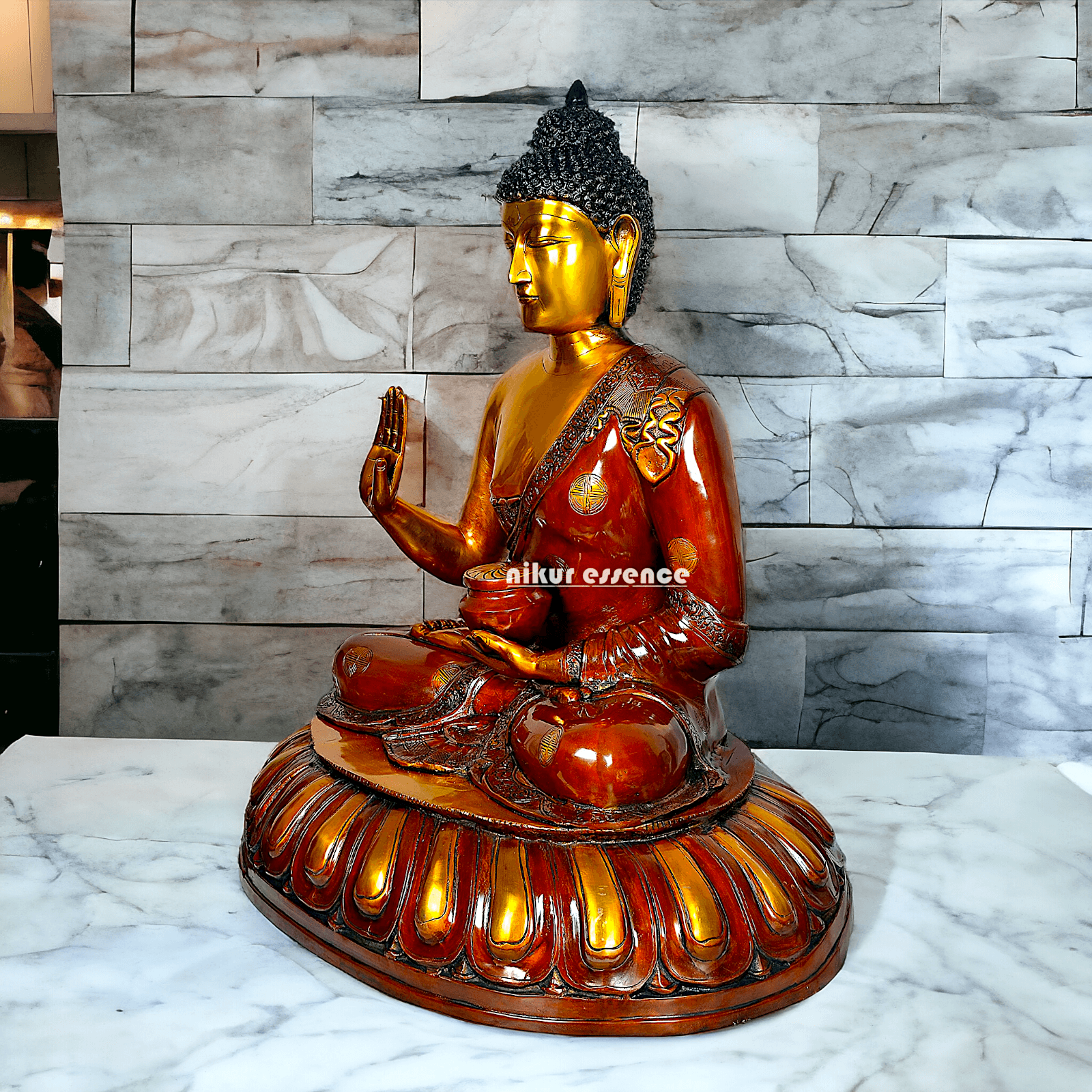Large Brass Buddha Statue Sitting on Lotus – 73.7 cm High, Intricately Detailed, Perfect for Home Decor, Meditation Space Nikuressence