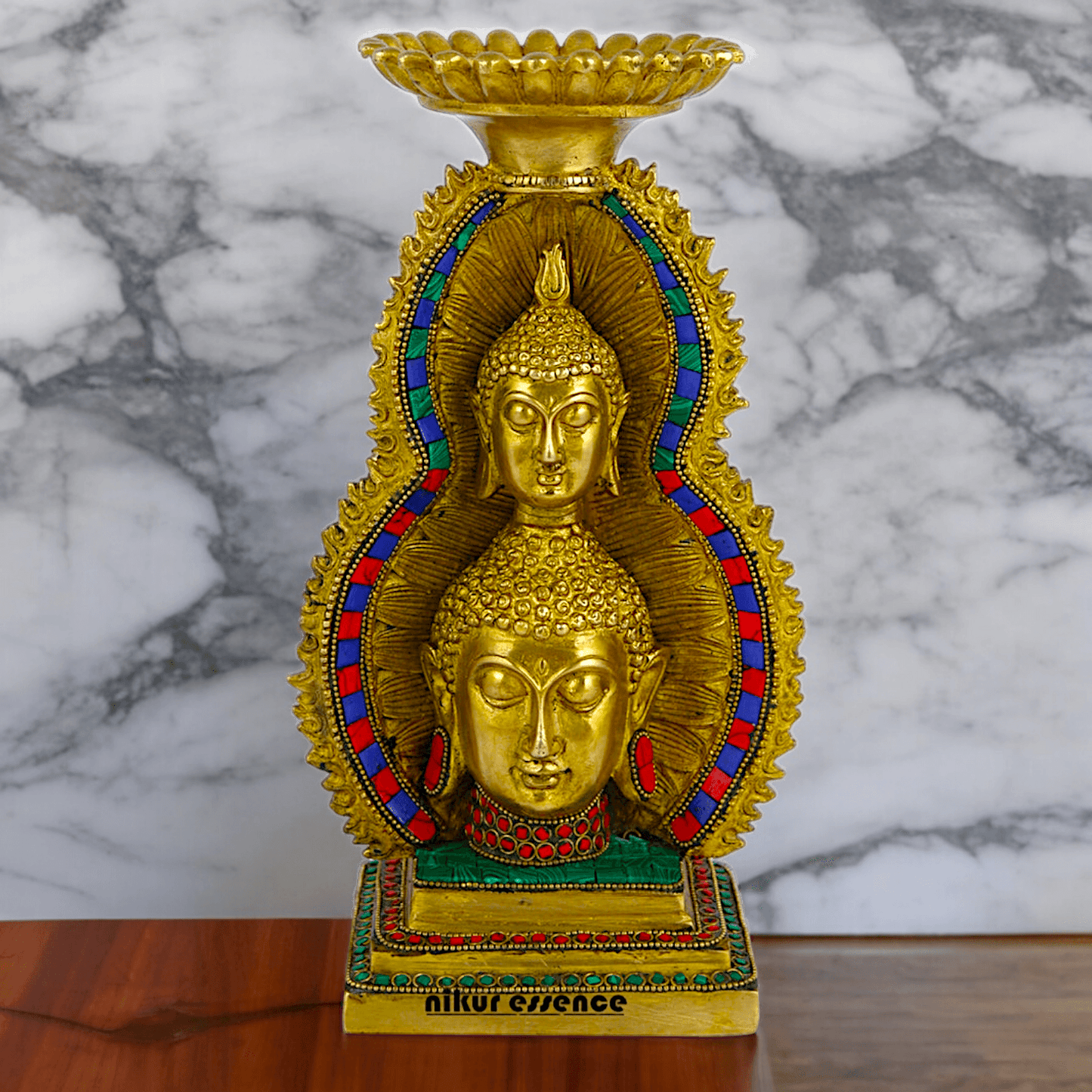 Online Brass Double Face Buddha Table Top Sculpture – 28.7 cm , Unique Handcrafted Buddha Art for Meditation and Home Décor - Nikur Essence Collection Nikuressence