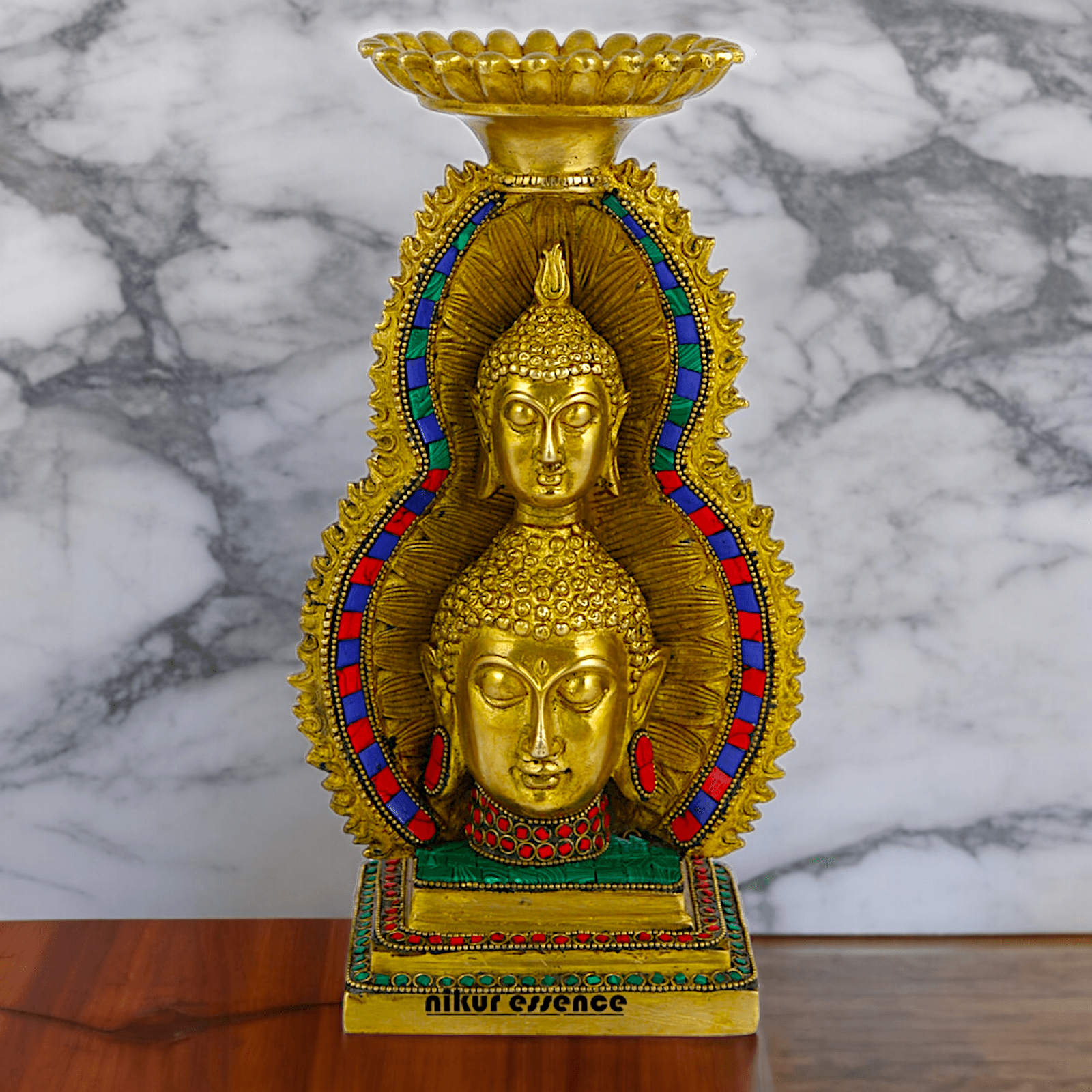Online Brass Double Face Buddha Table Top Sculpture – 28.7 cm , Unique Handcrafted Buddha Art for Meditation and Home Décor - Nikur Essence Collection Nikuressence