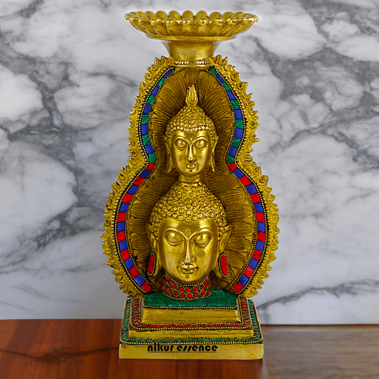 Online Brass Double Face Buddha Table Top Sculpture – 28.7 cm , Unique Handcrafted Buddha Art for Meditation and Home Décor - Nikur Essence Collection Nikuressence