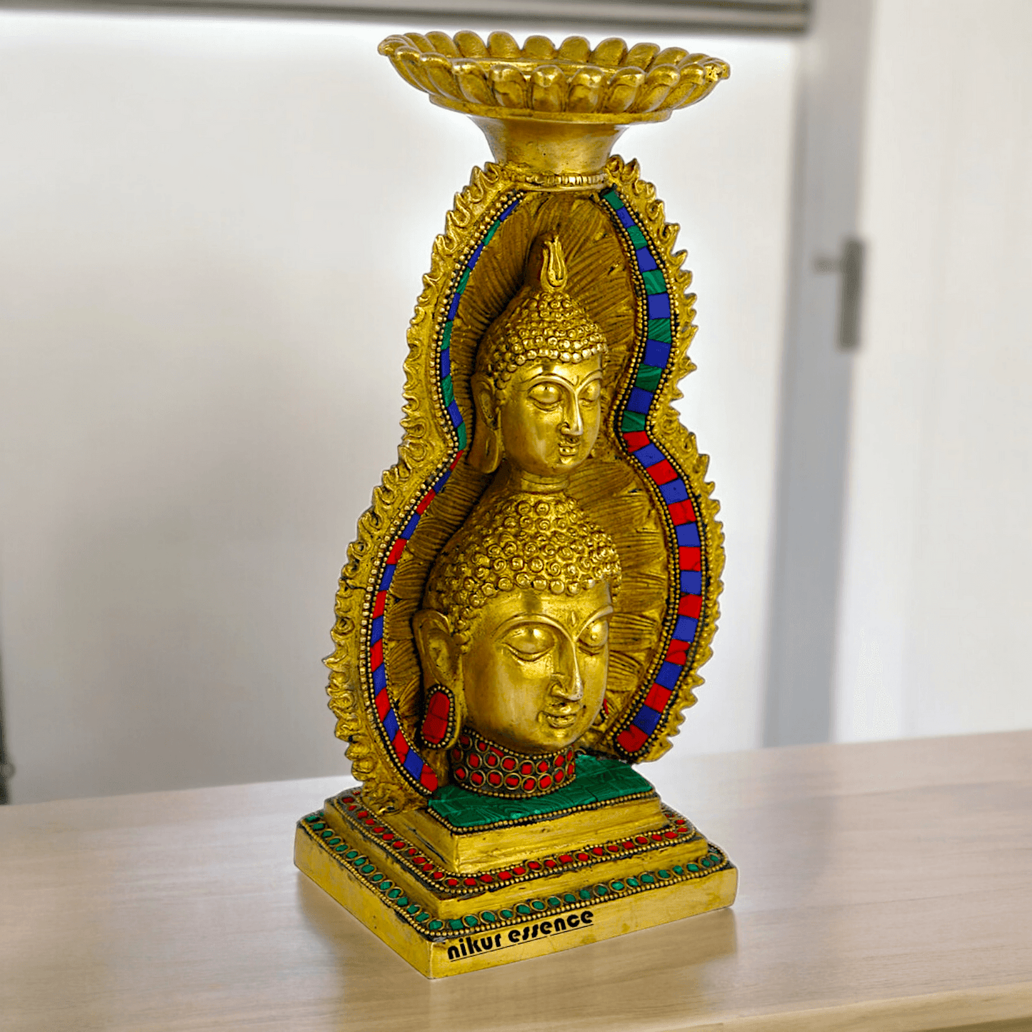 Online Brass Double Face Buddha Table Top Sculpture – 28.7 cm , Unique Handcrafted Buddha Art for Meditation and Home Décor - Nikur Essence Collection Nikuressence