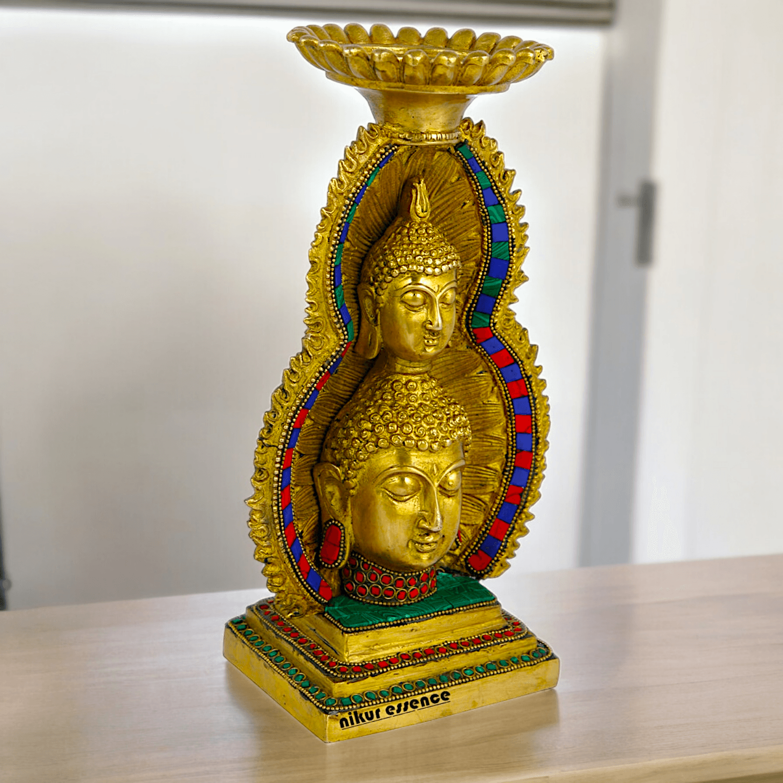 Online Brass Double Face Buddha Table Top Sculpture – 28.7 cm , Unique Handcrafted Buddha Art for Meditation and Home Décor - Nikur Essence Collection Nikuressence