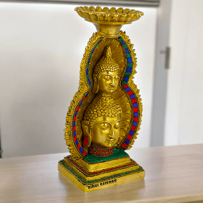 Online Brass Double Face Buddha Table Top Sculpture – 28.7 cm , Unique Handcrafted Buddha Art for Meditation and Home Décor - Nikur Essence Collection Nikuressence
