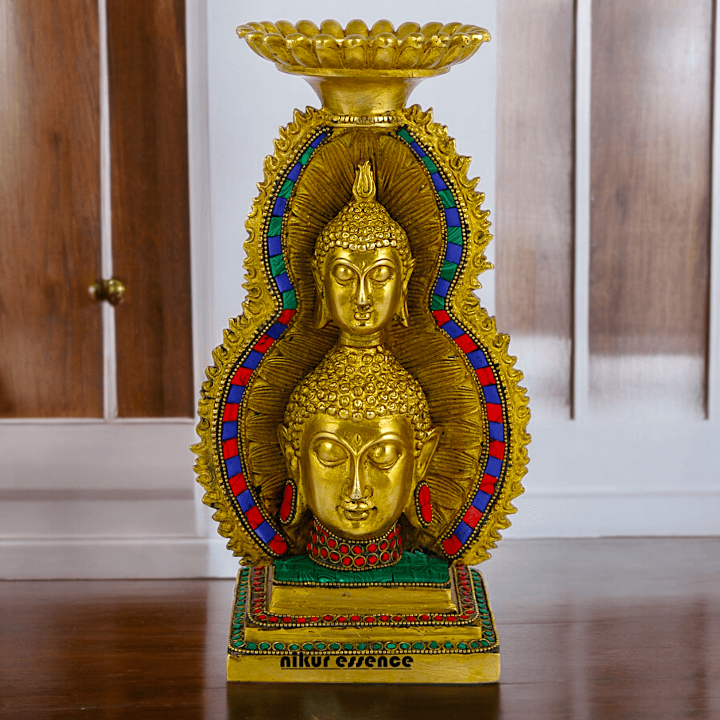 Online Brass Double Face Buddha Table Top Sculpture – 28.7 cm , Unique Handcrafted Buddha Art for Meditation and Home Décor - Nikur Essence Collection Nikuressence