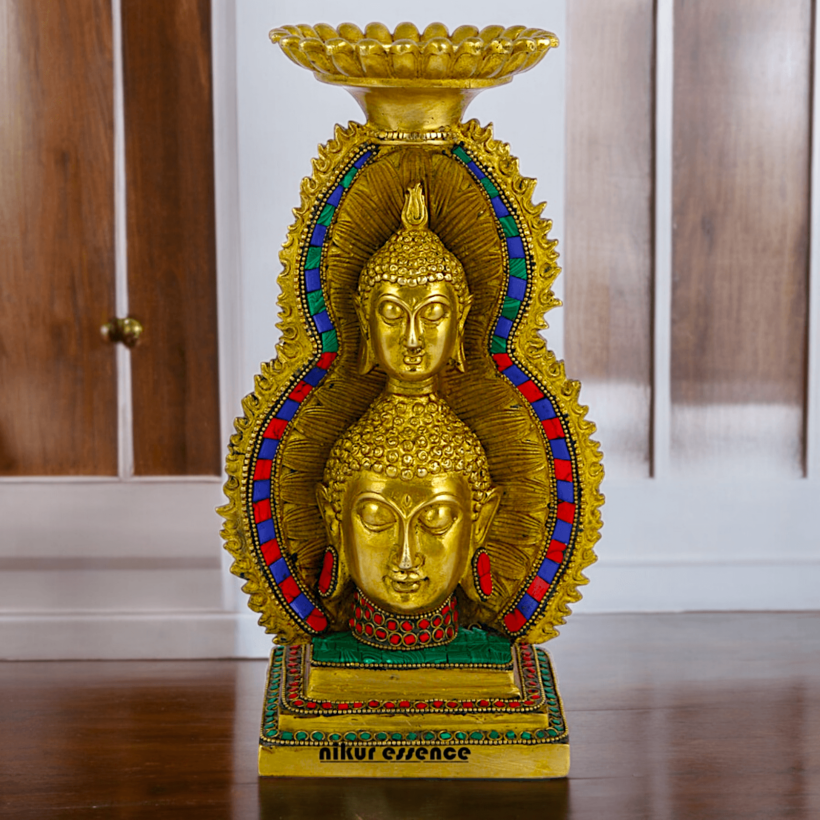 Online Brass Double Face Buddha Table Top Sculpture – 28.7 cm , Unique Handcrafted Buddha Art for Meditation and Home Décor - Nikur Essence Collection Nikuressence
