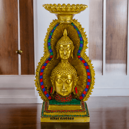 Online Brass Double Face Buddha Table Top Sculpture – 28.7 cm , Unique Handcrafted Buddha Art for Meditation and Home Décor - Nikur Essence Collection Nikuressence