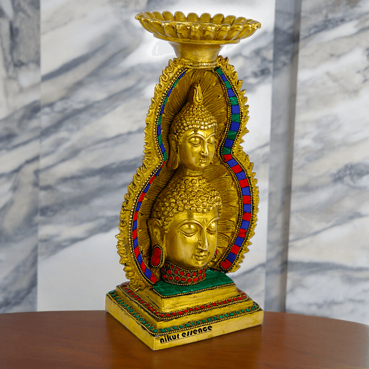 Online Brass Double Face Buddha Table Top Sculpture – 28.7 cm , Unique Handcrafted Buddha Art for Meditation and Home Décor - Nikur Essence Collection Nikuressence