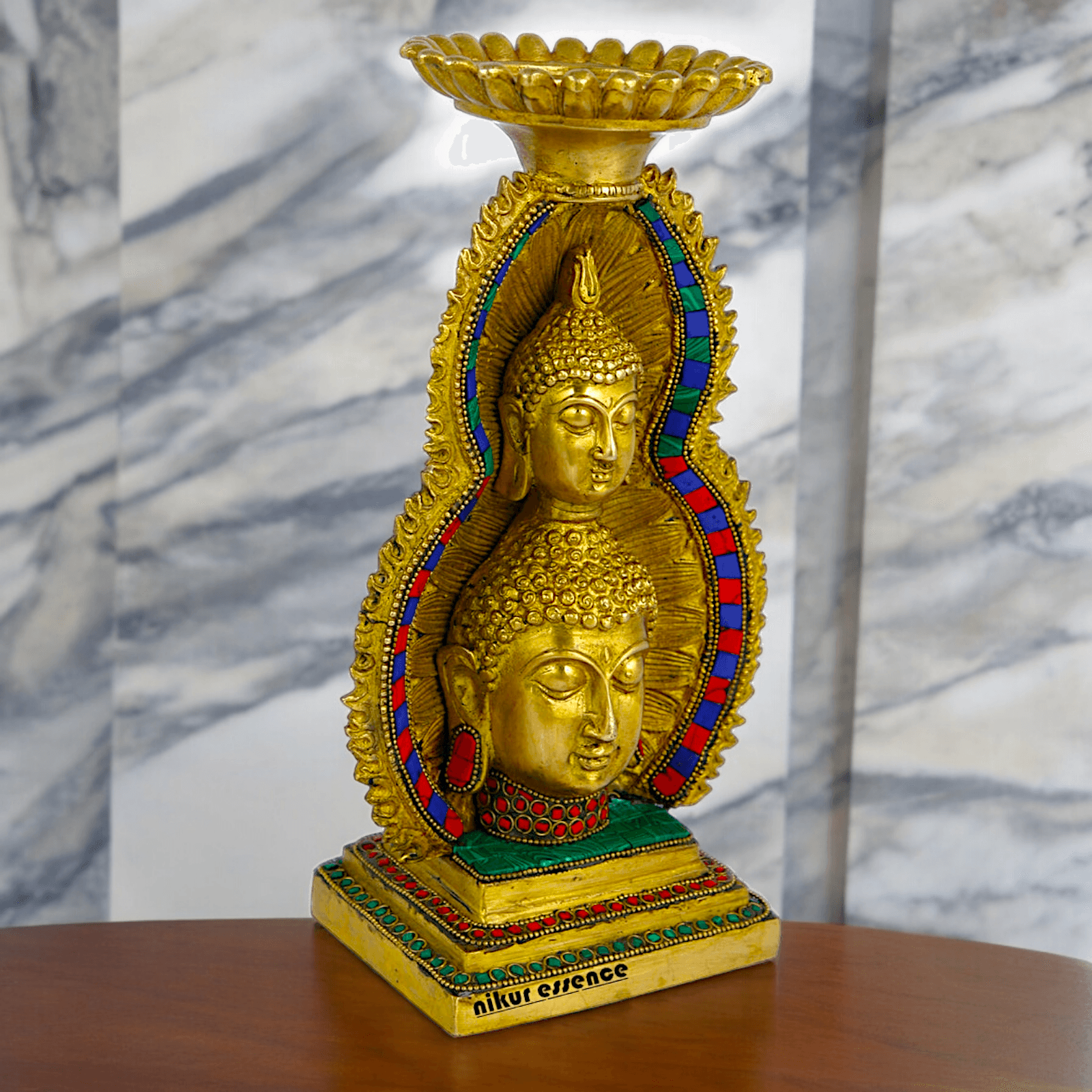 Online Brass Double Face Buddha Table Top Sculpture – 28.7 cm , Unique Handcrafted Buddha Art for Meditation and Home Décor - Nikur Essence Collection Nikuressence