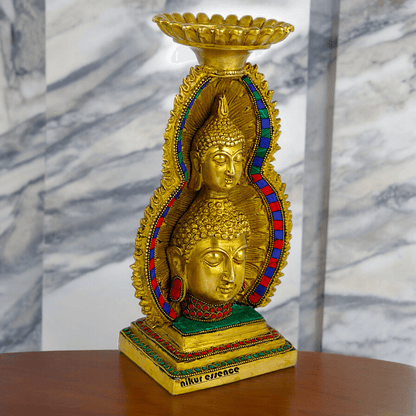 Online Brass Double Face Buddha Table Top Sculpture – 28.7 cm , Unique Handcrafted Buddha Art for Meditation and Home Décor - Nikur Essence Collection Nikuressence