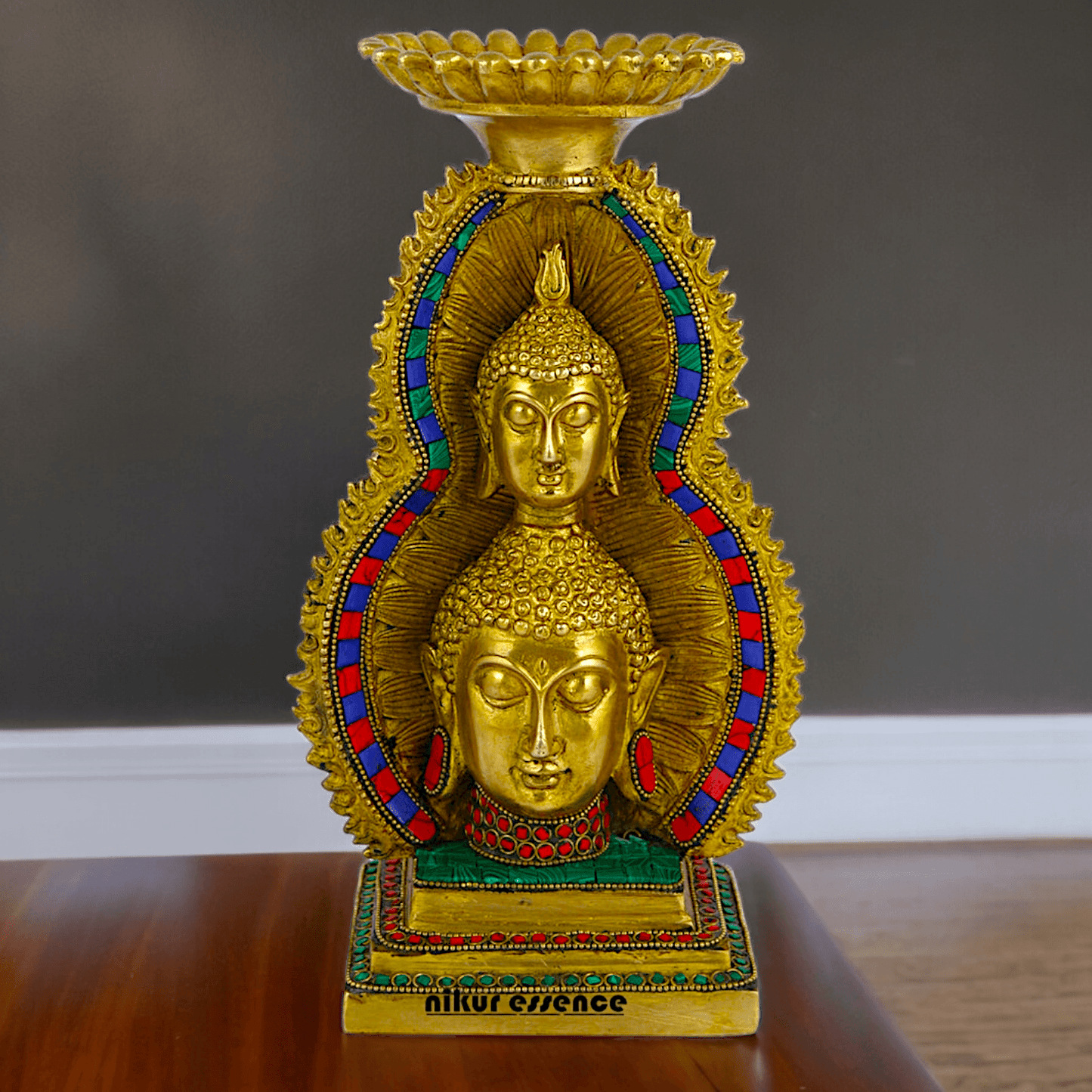 Online Brass Double Face Buddha Table Top Sculpture – 28.7 cm , Unique Handcrafted Buddha Art for Meditation and Home Décor - Nikur Essence Collection Nikuressence