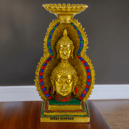 Online Brass Double Face Buddha Table Top Sculpture – 28.7 cm , Unique Handcrafted Buddha Art for Meditation and Home Décor - Nikur Essence Collection Nikuressence