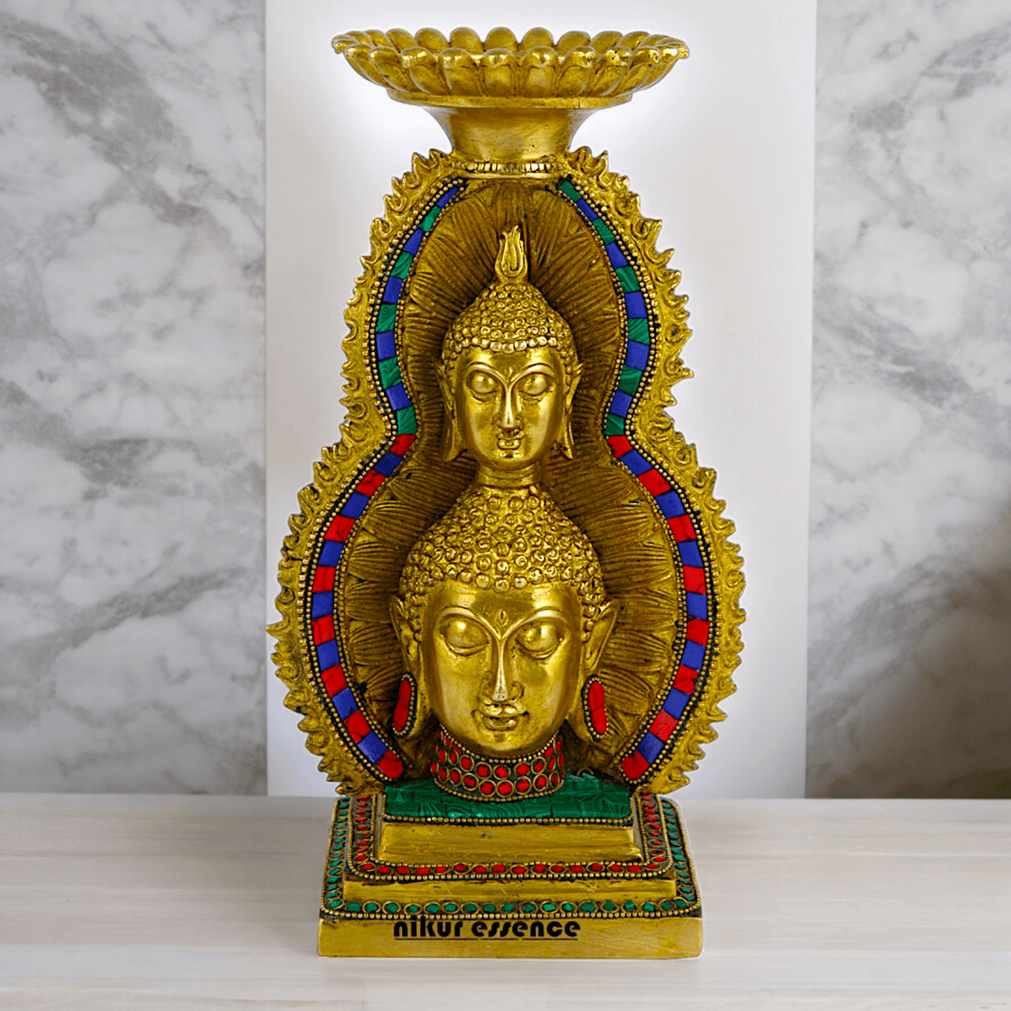Online Brass Double Face Buddha Table Top Sculpture – 28.7 cm , Unique Handcrafted Buddha Art for Meditation and Home Décor - Nikur Essence Collection Nikuressence