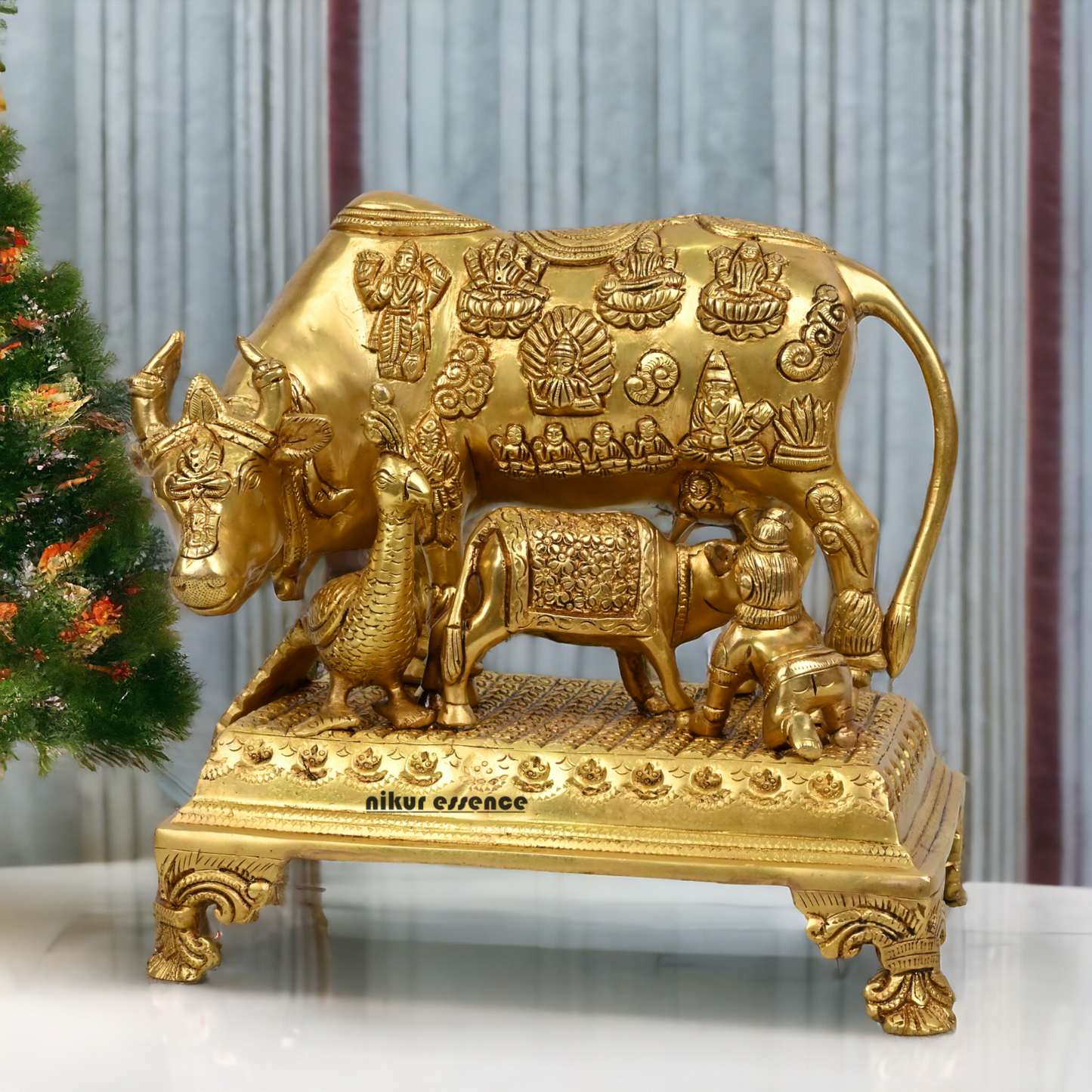 Buy Pure Brass Cow and a Calf with Baby Krishna By Nikur Essence - 10 Inch Height Nikuressence
