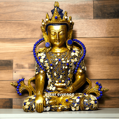Buy Tibetan Buddhist Crowned Buddha Brass Statue with Inlay Work – Exquisite 25.5 cm Nikuressence