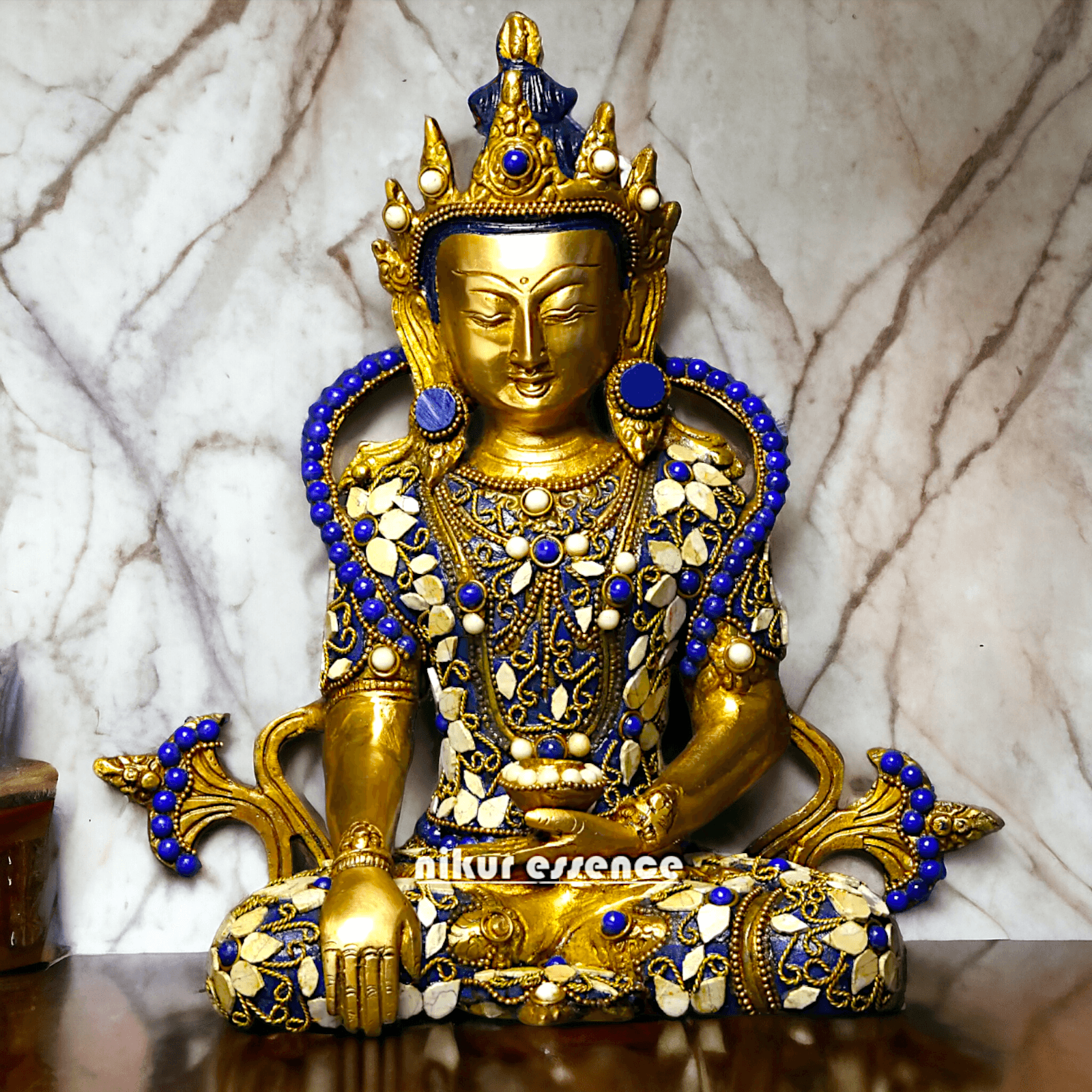 Buy Tibetan Buddhist Crowned Buddha Brass Statue with Inlay Work – Exquisite 25.5 cm Nikuressence