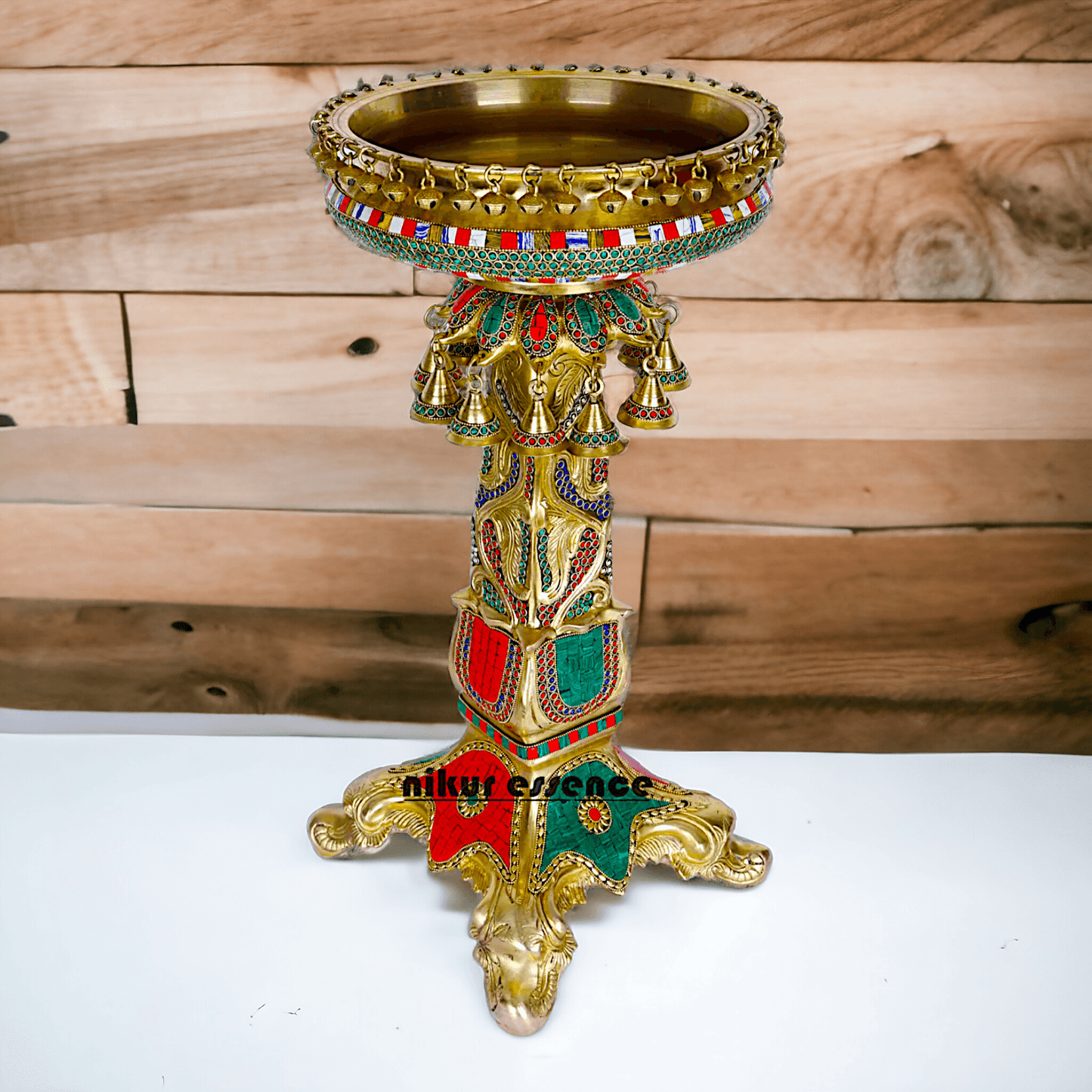 Designer Urli in brass with Stand - Exquisite Brass and Glass Decorative Water Bowl for Home Décor, Garden, and Event Displays Nikuressence