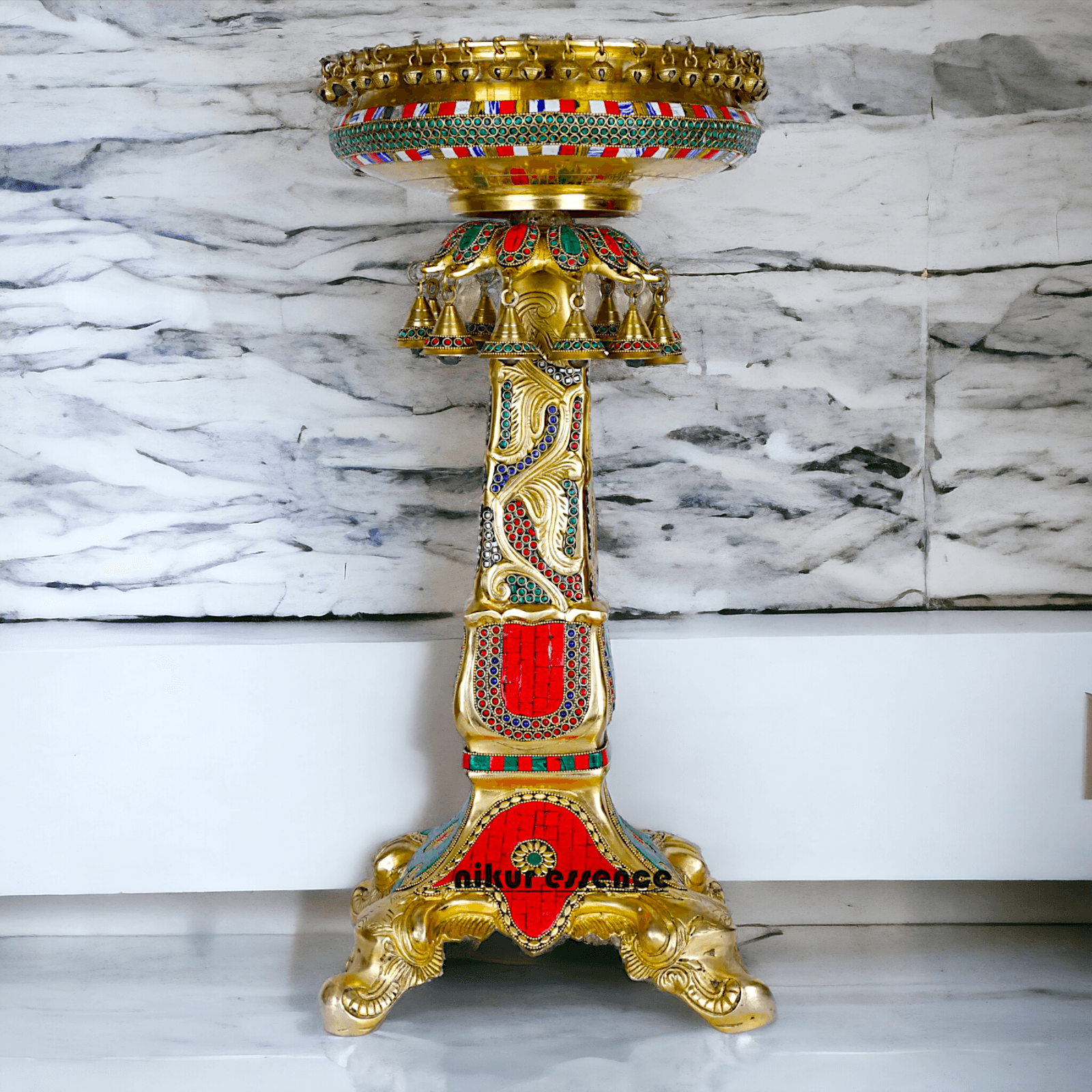 Designer Urli in brass with Stand - Exquisite Brass and Glass Decorative Water Bowl for Home Décor, Garden, and Event Displays Nikuressence