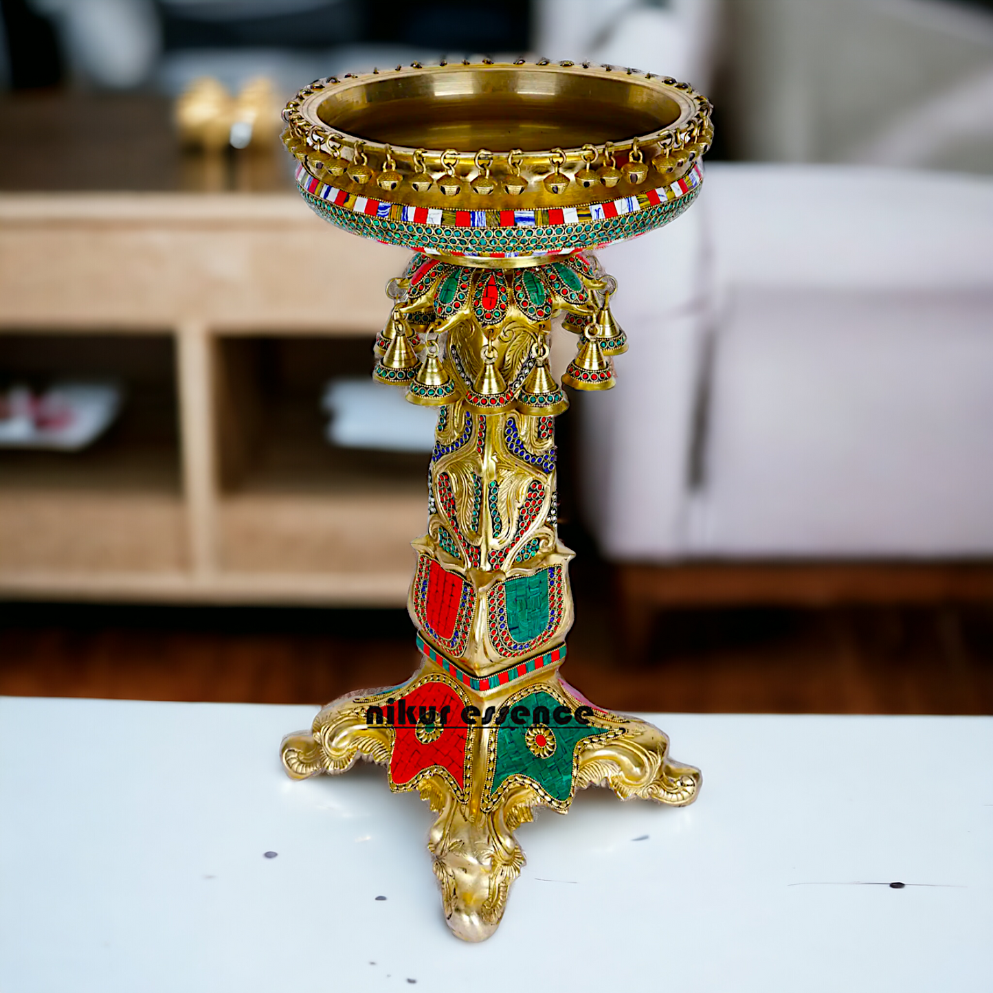 Designer Urli in brass with Stand - Exquisite Brass and Glass Decorative Water Bowl for Home Décor, Garden, and Event Displays Nikuressence