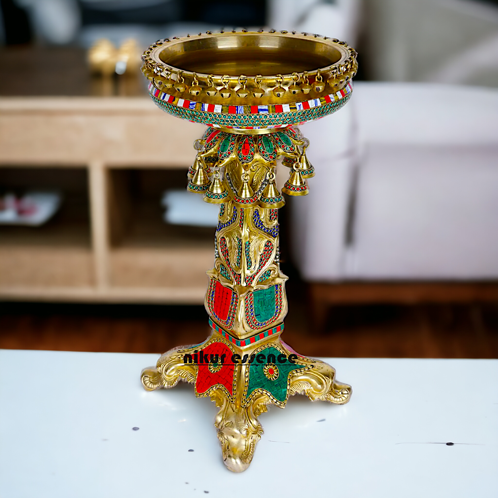 Designer Urli in brass with Stand - Exquisite Brass and Glass Decorative Water Bowl for Home Décor, Garden, and Event Displays Nikuressence