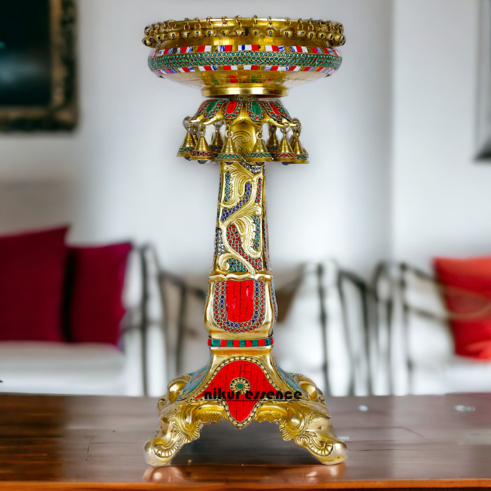 Designer Urli in brass with Stand - Exquisite Brass and Glass Decorative Water Bowl for Home Décor, Garden, and Event Displays Nikuressence