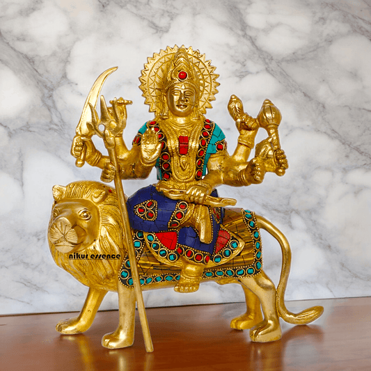 Superfine brass 24.1 cm Maa Durga Idol Sitting on Lion - Majestic and Detailed Divine Sculpture Nikuressence