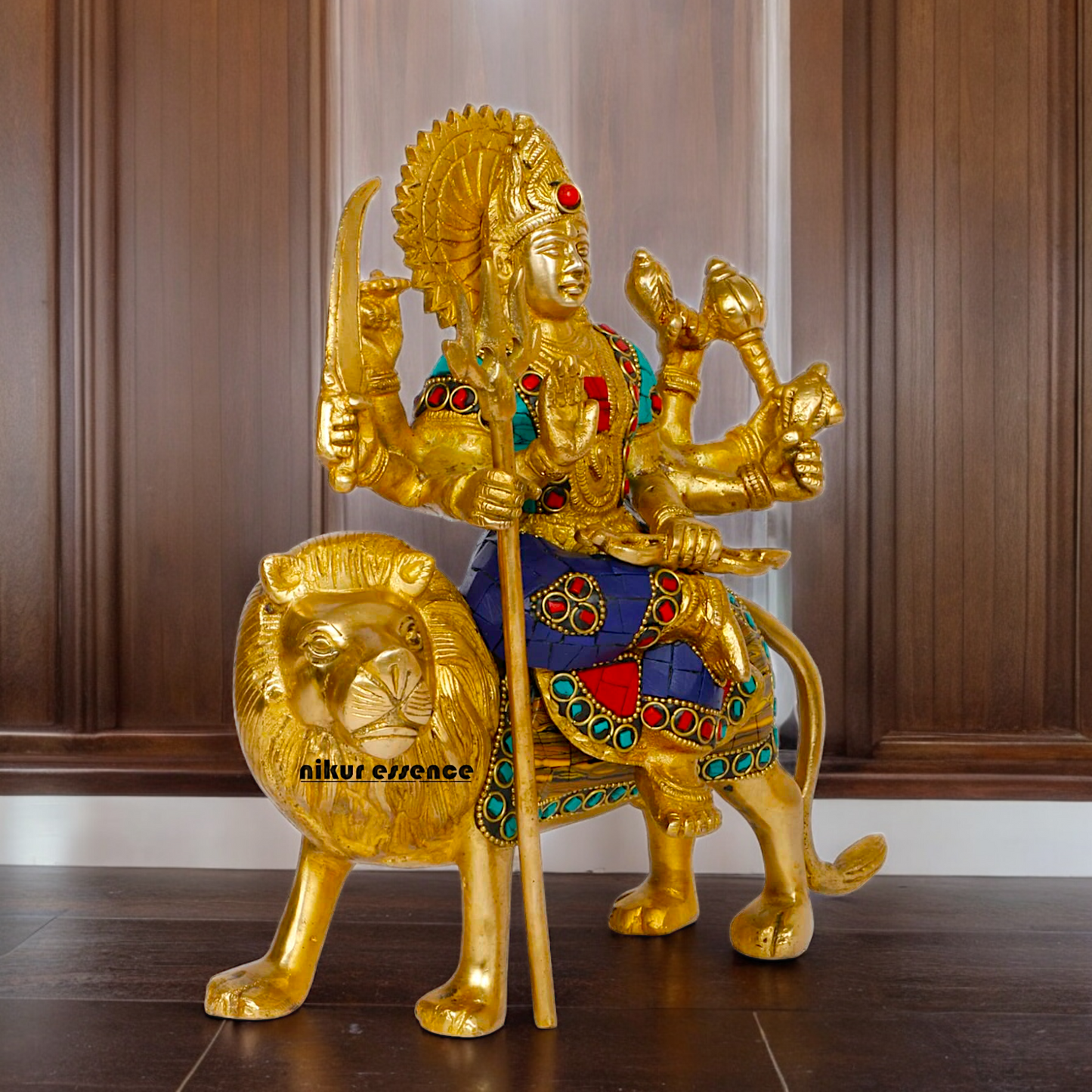 Superfine brass 24.1 cm Maa Durga Idol Sitting on Lion - Majestic and Detailed Divine Sculpture Nikuressence