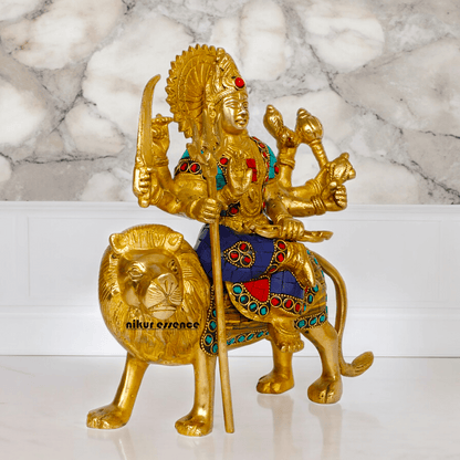 Superfine brass 24.1 cm Maa Durga Idol Sitting on Lion - Majestic and Detailed Divine Sculpture Nikuressence