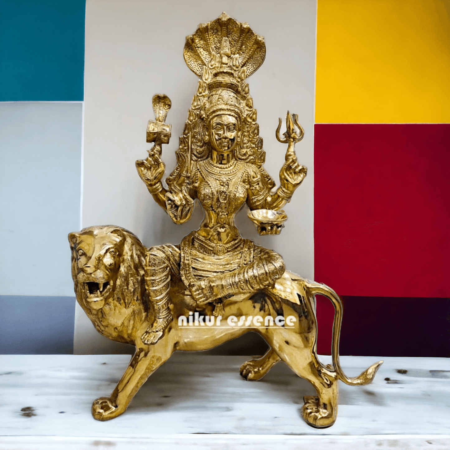 Online brass Durga Maa Sculpture: Majestic Durga Sitting on a Lion - 38.50 Inch Handcrafted Artisan Statue by Nikur Essence Nikuressence