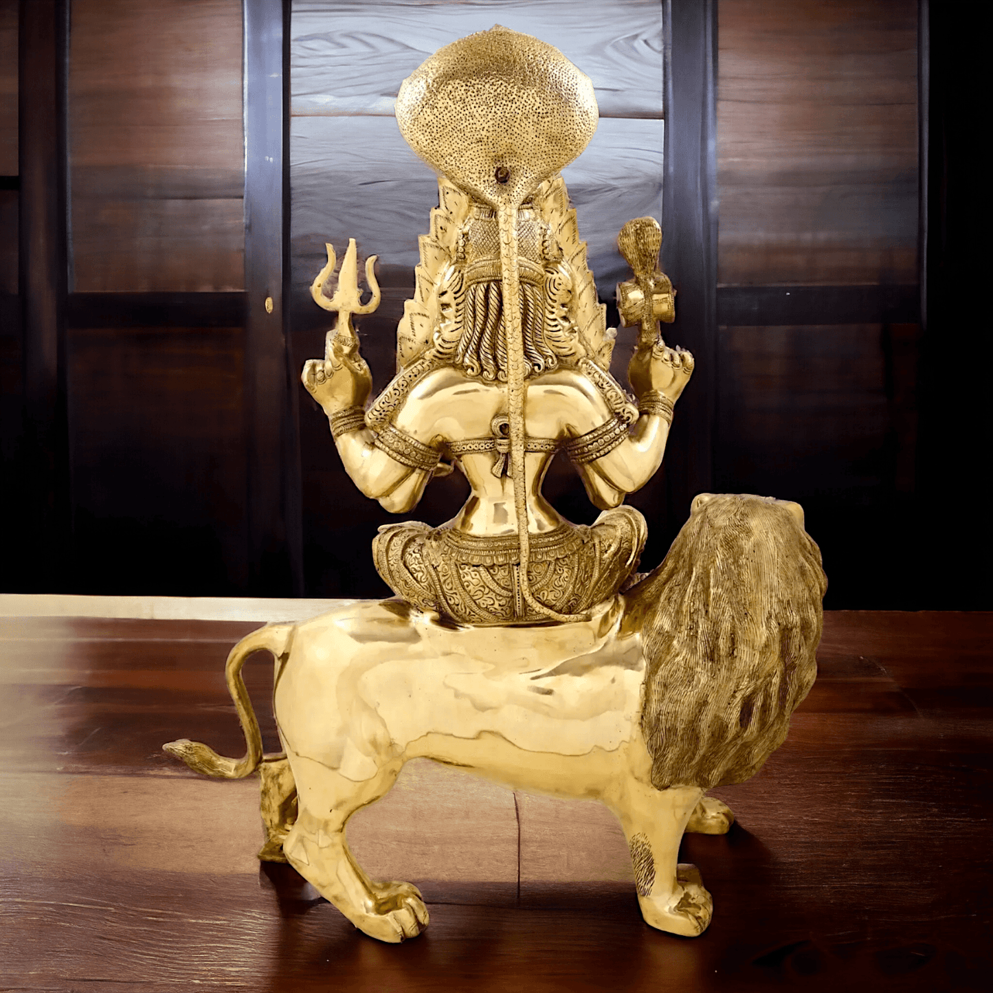 Online brass Durga Maa Sculpture: Majestic Durga Sitting on a Lion - 38.50 Inch Handcrafted Artisan Statue by Nikur Essence Nikuressence