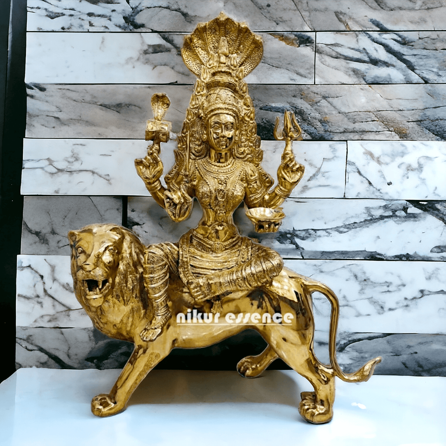 Online brass Durga Maa Sculpture: Majestic Durga Sitting on a Lion - 38.50 Inch Handcrafted Artisan Statue by Nikur Essence Nikuressence