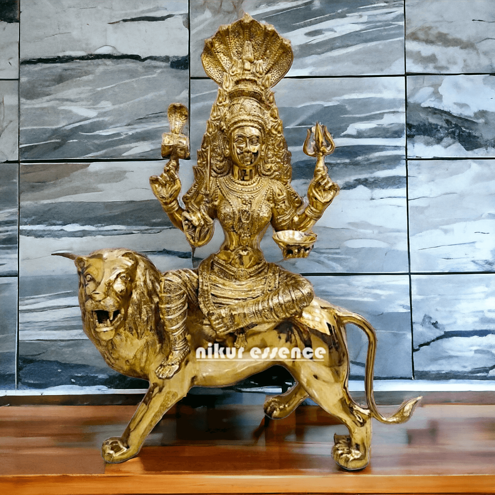 Online brass Durga Maa Sculpture: Majestic Durga Sitting on a Lion - 38.50 Inch Handcrafted Artisan Statue by Nikur Essence Nikuressence