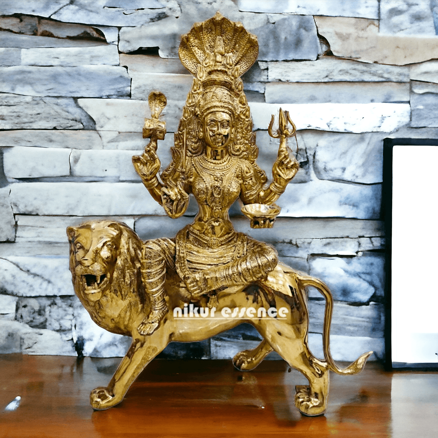 Online brass Durga Maa Sculpture: Majestic Durga Sitting on a Lion - 38.50 Inch Handcrafted Artisan Statue by Nikur Essence Nikuressence