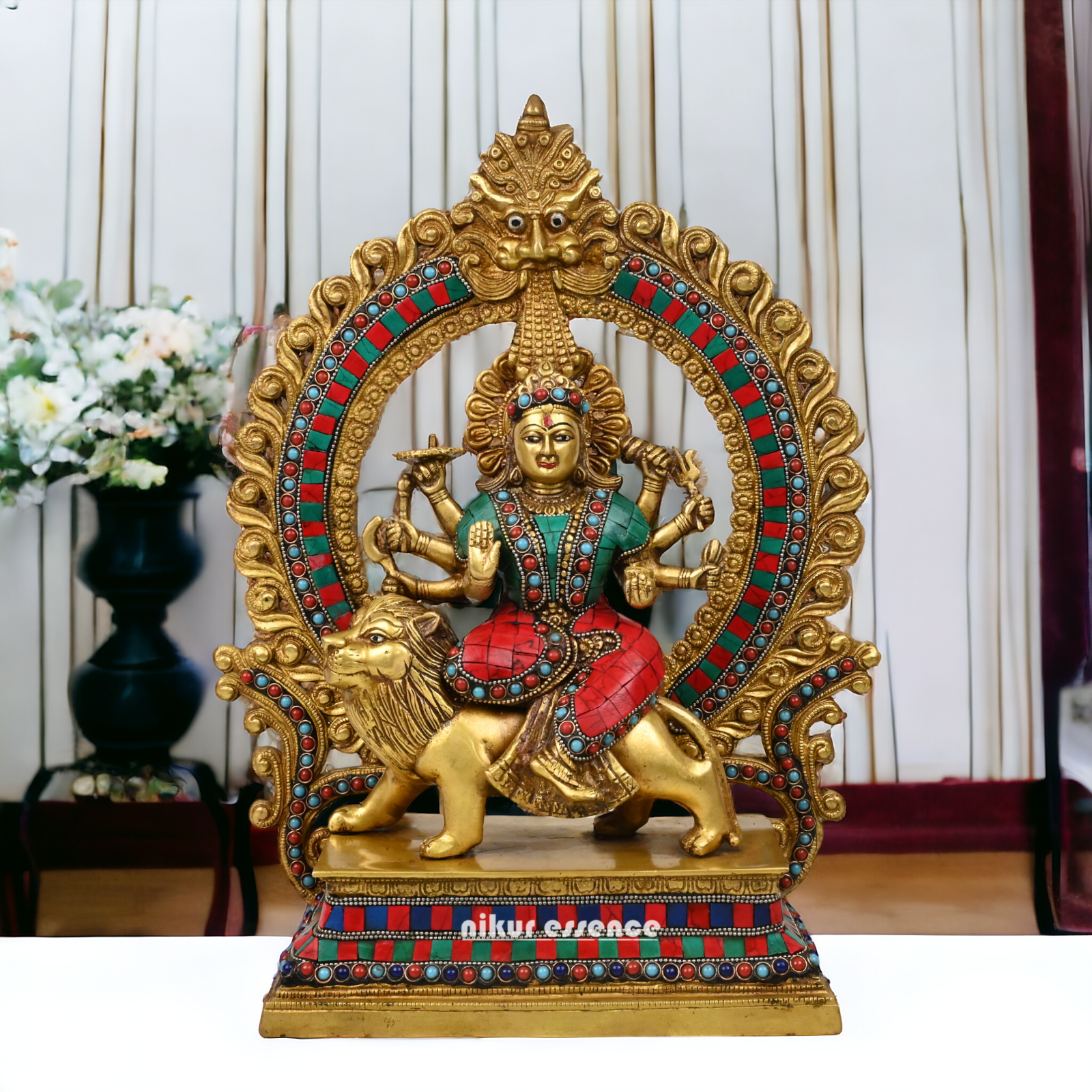 shera wali mata murti With stone work - 14.5 inches Nikuressence