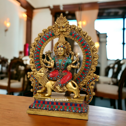 shera wali mata murti With stone work - 14.5 inches Nikuressence