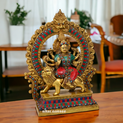 shera wali mata murti With stone work - 14.5 inches Nikuressence