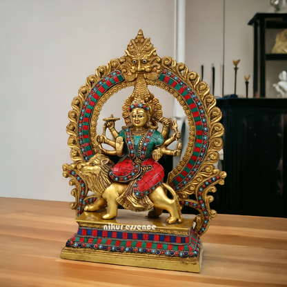 shera wali mata murti With stone work - 14.5 inches Nikuressence