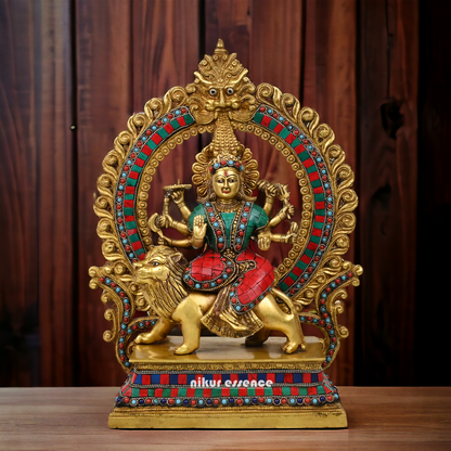 shera wali mata murti With stone work - 14.5 inches Nikuressence